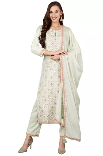 Women green printed silk blend stiched straight kurta trousers suit set