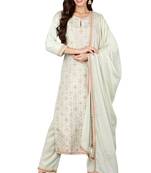 Women green printed silk blend stiched straight kurta trousers suit set
