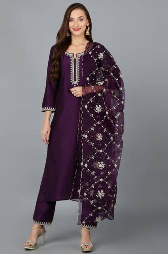 Women purple printed silk blend stiched straight kurta trousers suit set