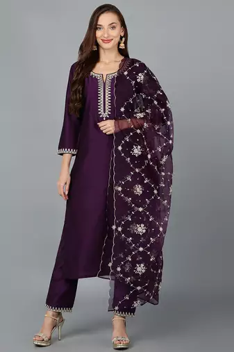 Women purple printed silk blend stiched straight kurta trousers suit set