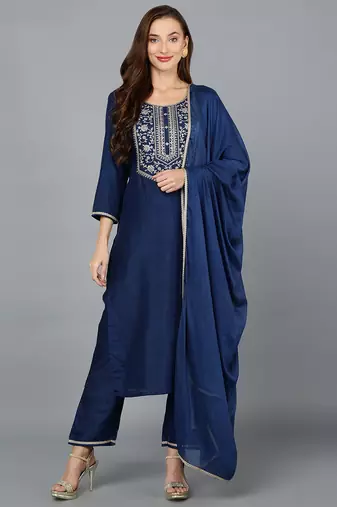 Women blue printed silk blend stiched straight kurta trousers suit set