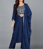 Women blue printed silk blend stiched straight kurta trousers suit set