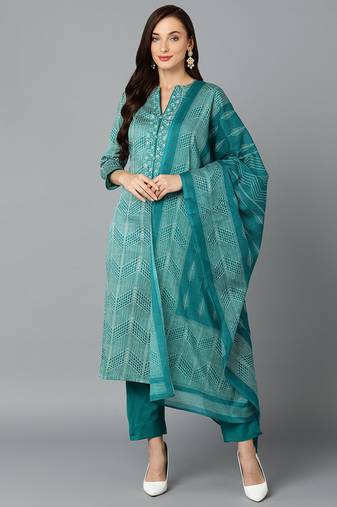 Women green printed rayon stiched straight kurta trousers suit set