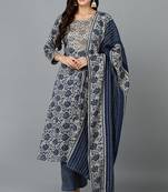 Women blue printed pure cotton  stiched straight kurta trousers suit set