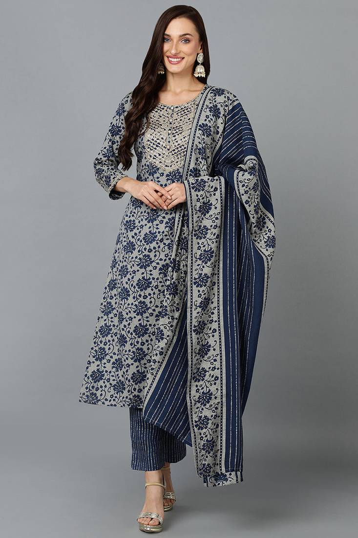 Women blue printed pure cotton  stiched straight kurta trousers suit set