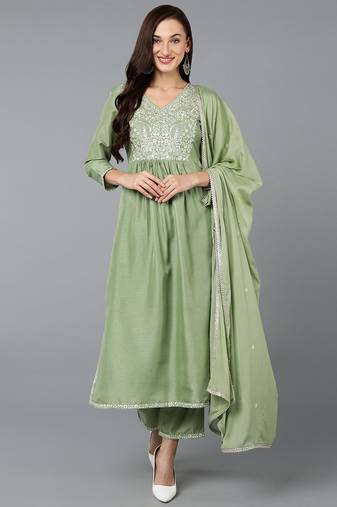 Women green printed silk blend stiched straight kurta trousers suit set