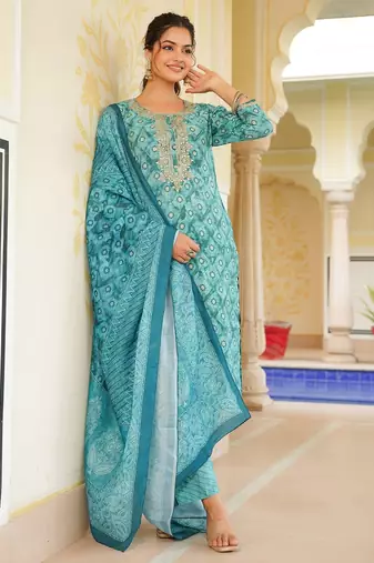 women sea green silk blend ethnic motifs embroidered straight kurta trouser with dupatta