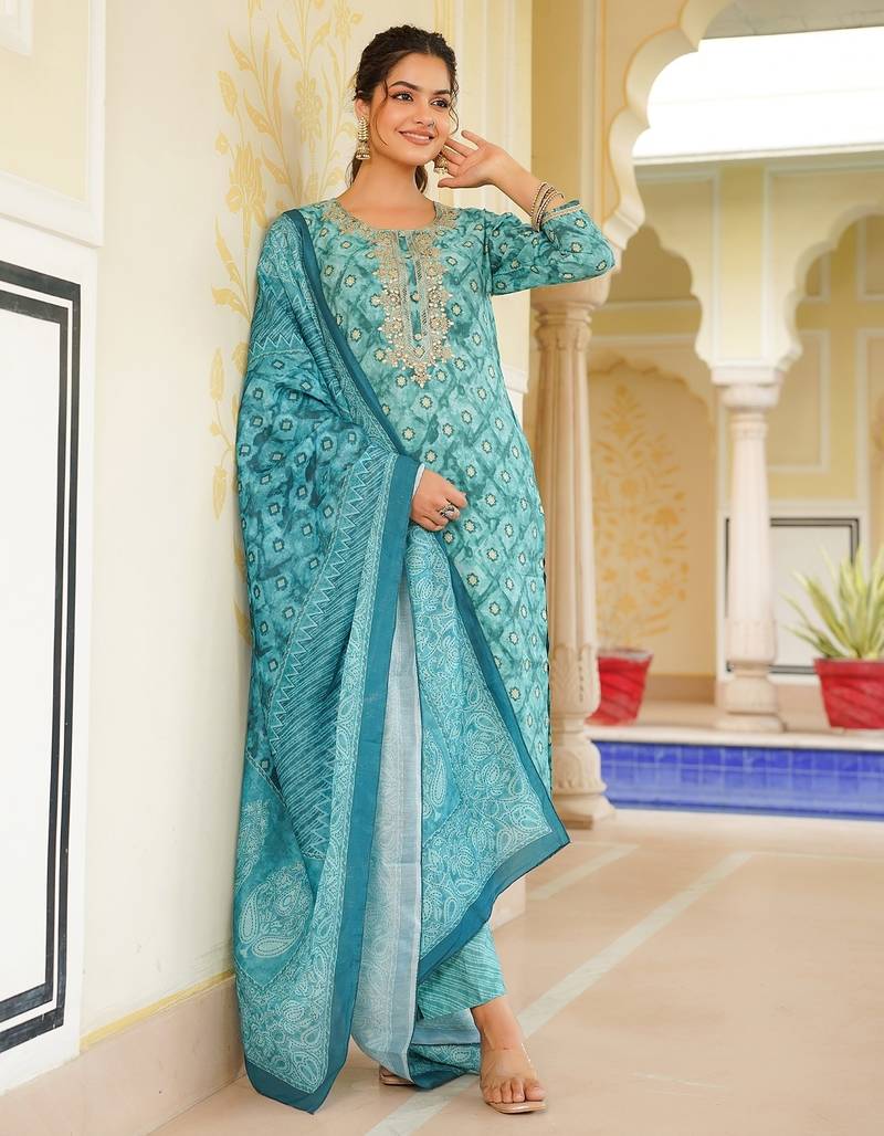 women sea green silk blend ethnic motifs embroidered straight kurta trouser with dupatta