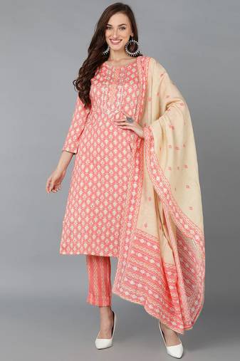 Women pink printed cotton stiched straight kurta pant suit set