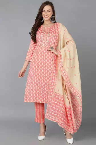 Women pink printed cotton stiched straight kurta pant suit set