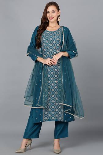 Women blue printed silk blend stiched straight kurta trousers suit set