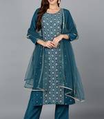 Women blue printed silk blend stiched straight kurta trousers suit set