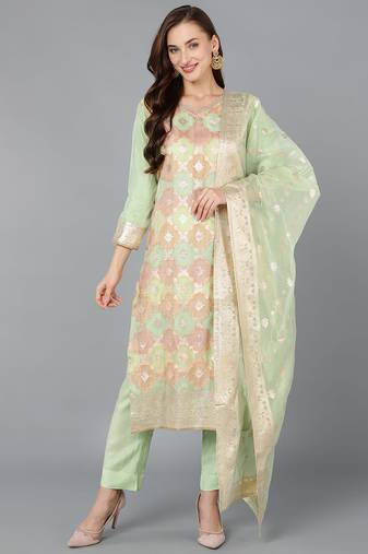 Women green printed silk blend stiched straight kurta trousers suit set