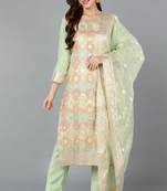 Women green printed silk blend stiched straight kurta trousers suit set