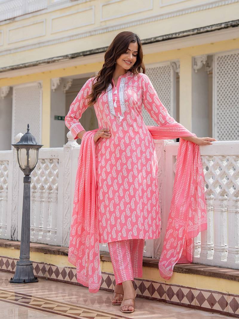 women pink pure cotton paisley yoke design straight kurta trouser with dupatta