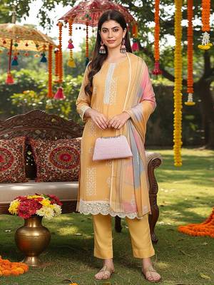 women yellow silk blend geometric printed straight kurta trouser with dupatta 6