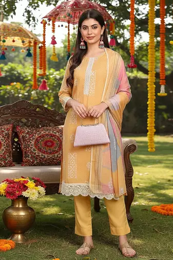 women yellow silk blend geometric printed straight kurta trouser with dupatta