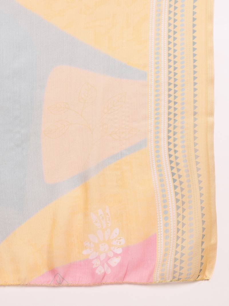 women yellow silk blend geometric printed straight kurta trouser with dupatta