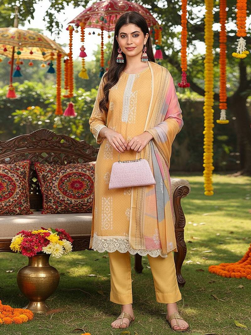 women yellow silk blend geometric printed straight kurta trouser with dupatta