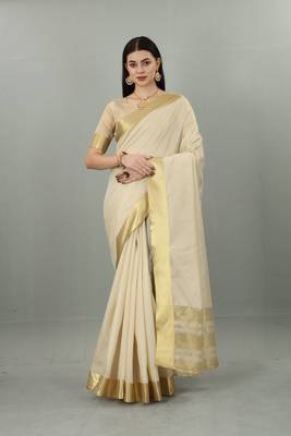 Cream White Cotton Silk Kerala Kasavu Saree with Unstitched Blouse 1
