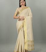 Cream White Cotton Silk Kerala Kasavu Saree with Unstitched Blouse