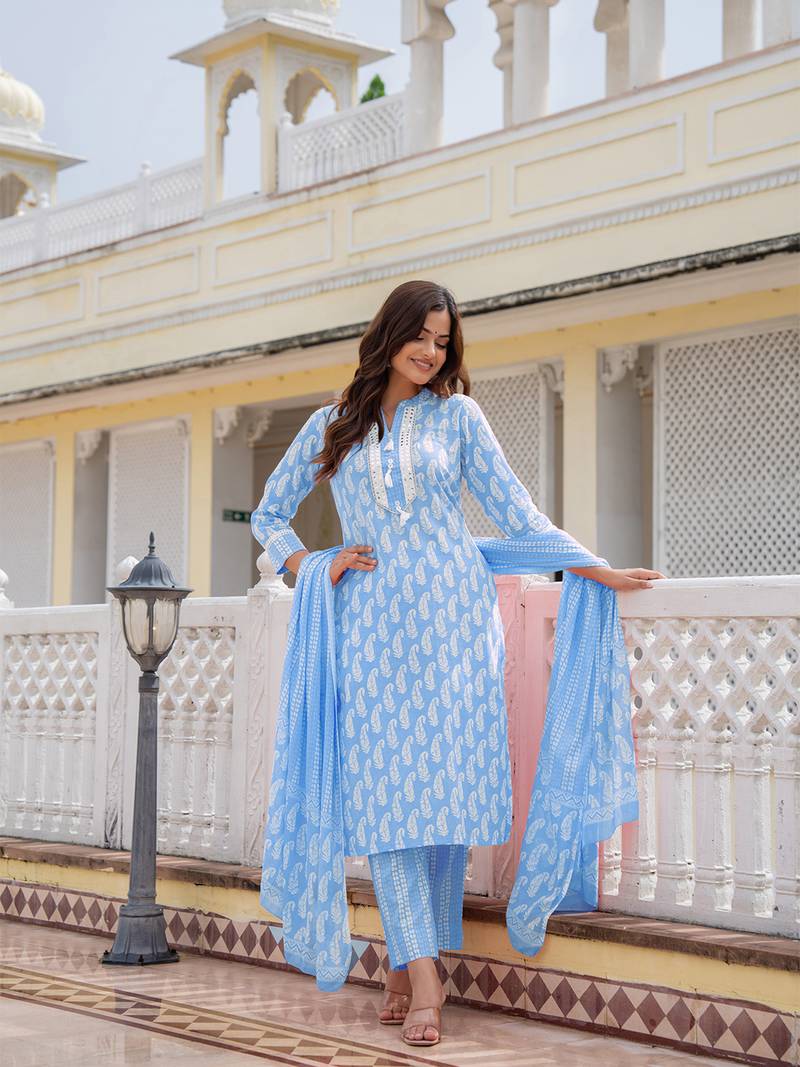 Blue and White Daily Wear Salwar Suit for Women