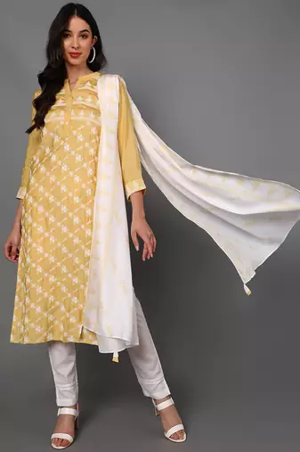 Women yellow printed poly silk stiched straight kurta trousers suit set