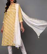 Women yellow printed poly silk stiched straight kurta trousers suit set