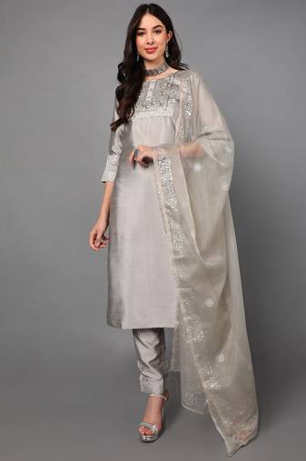 Women grey printed poly silk stiched straight kurta trousers suit set