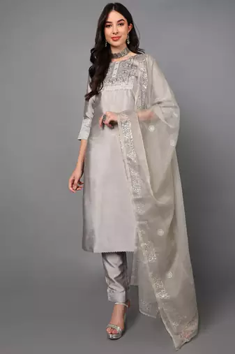 Women grey printed poly silk stiched straight kurta trousers suit set