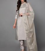 Women grey printed poly silk stiched straight kurta trousers suit set