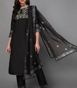 Women black printed poly silk stiched straight kurta trousers suit set