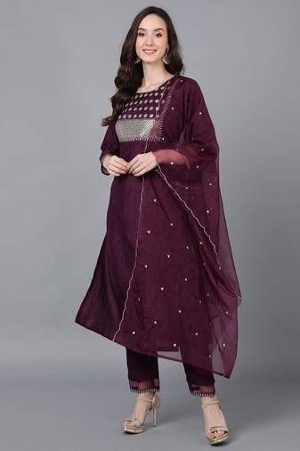 Women purple printed poly silk stiched straight kurta trousers suit set