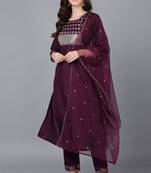 Women purple printed poly silk stiched straight kurta trousers suit set