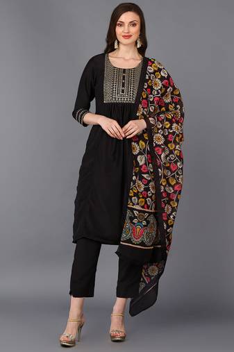 Women black printed silk blend stiched straight kurta pant suit set