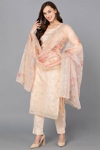 Women pink printed organza stiched straight kurta trousers suit set
