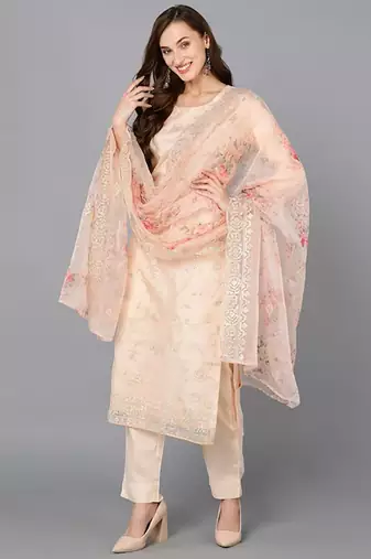 Women pink printed organza stiched straight kurta trousers suit set