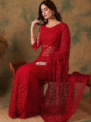 Red Net Floral Embroidered Saree with Blouse 2