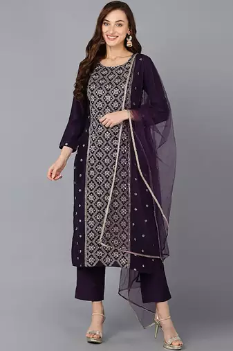 Women purple printed silk blend stiched straight kurta pant suit set