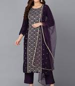 Women purple printed silk blend stiched straight kurta pant suit set