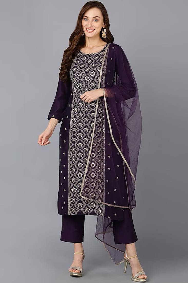 Women purple printed silk blend stiched straight kurta pant suit set