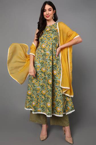Women green printed pure cotton  stiched anarkali kurta palazzo suit set