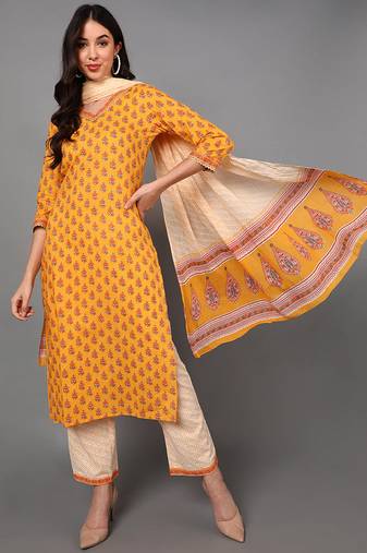 Women yellow printed pure cotton  stiched straight kurta pant suit set