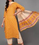 Women yellow printed pure cotton  stiched straight kurta pant suit set
