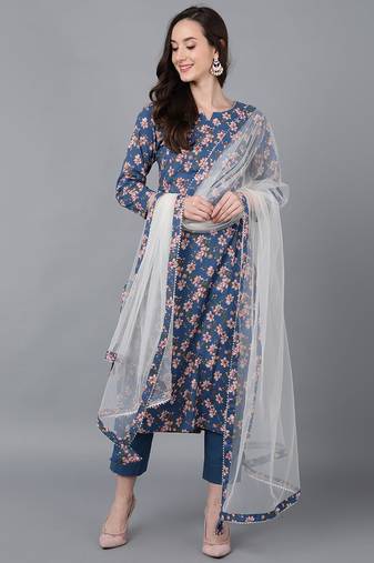 Women blue printed rayon stiched straight kurta trousers suit set