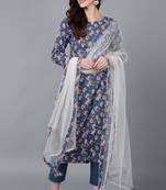 Women blue printed rayon stiched straight kurta trousers suit set