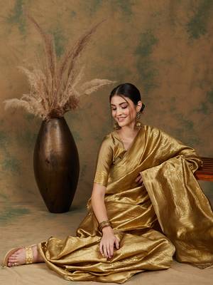 Golden Banarasi-Style Art Silk Saree with Blouse 2