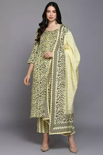 Women yellow printed silk blend stiched straight kurta pant suit set