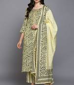 Women yellow printed silk blend stiched straight kurta pant suit set
