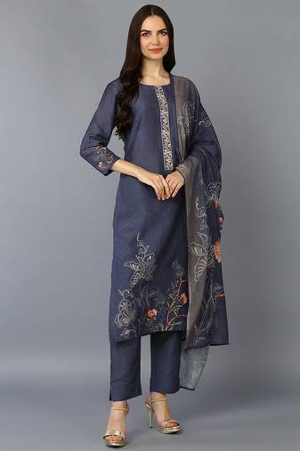 Women grey printed silk blend stiched straight kurta pant suit set